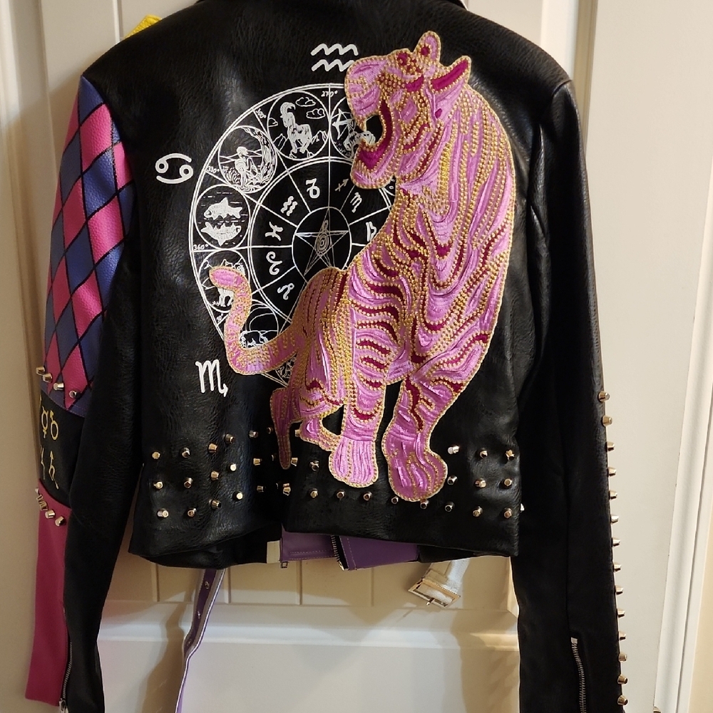 Colorful Studded Leather Biker Jacket - Picture 3 of 5